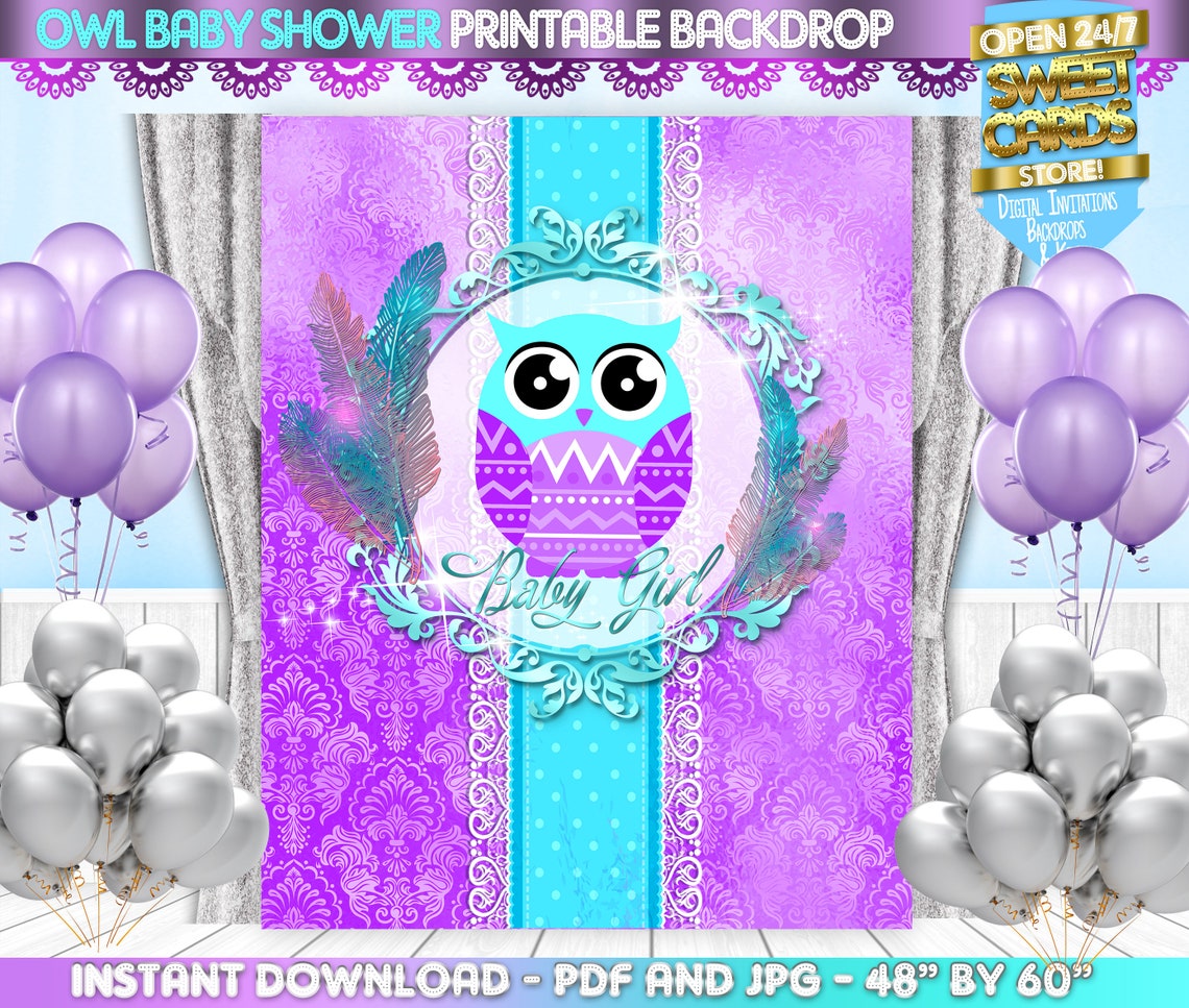 Owl Girl Baby Shower Printable Backdrop Owl Baby Shower Boho Etsy