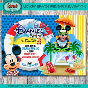 Mickey beach pritable invitation, mickey personalized invitation, mickey digital invite, mickey birthday, mickey party, mickey beach party