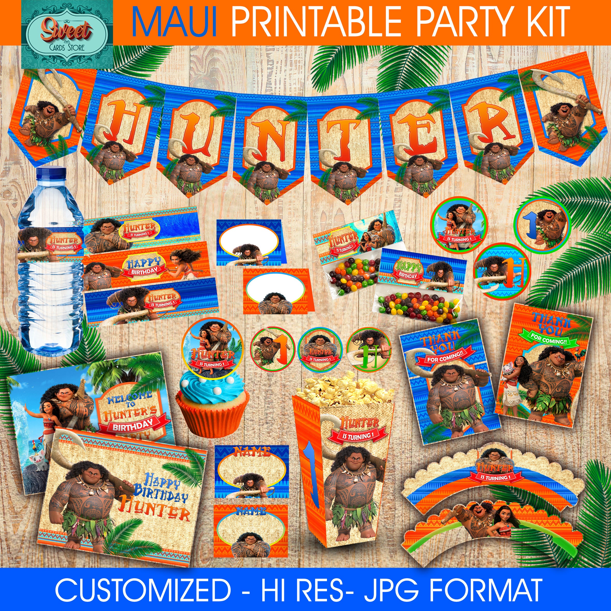 Maui party personalized printable kit, moana customized, birthday, digital,  label, ocean, hawuai, aloha, water, wrappers, toppers, boxes