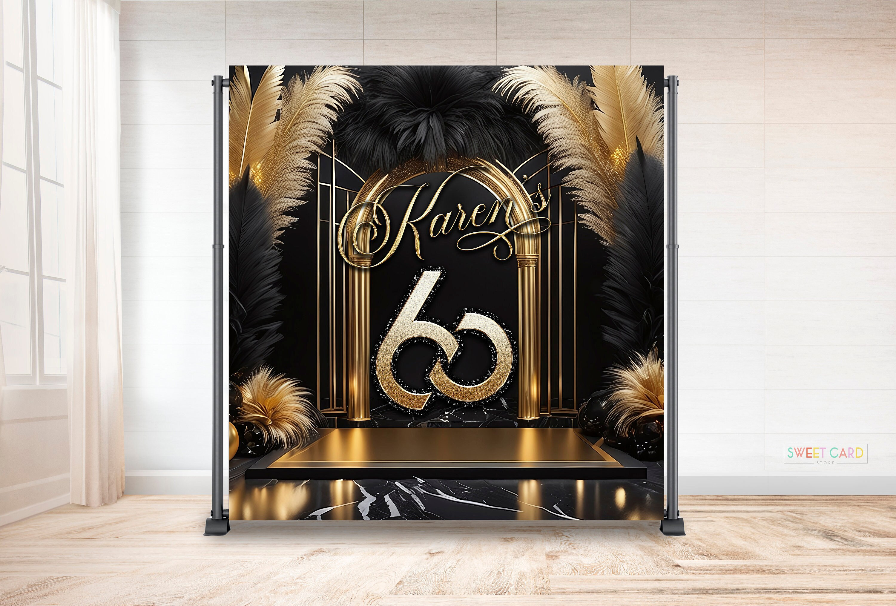 ART DECO BACKDROP, roaring 20's Birthday Backdrop feathers elegant black gold Retro 60th birthday banner decor personalized digital design
