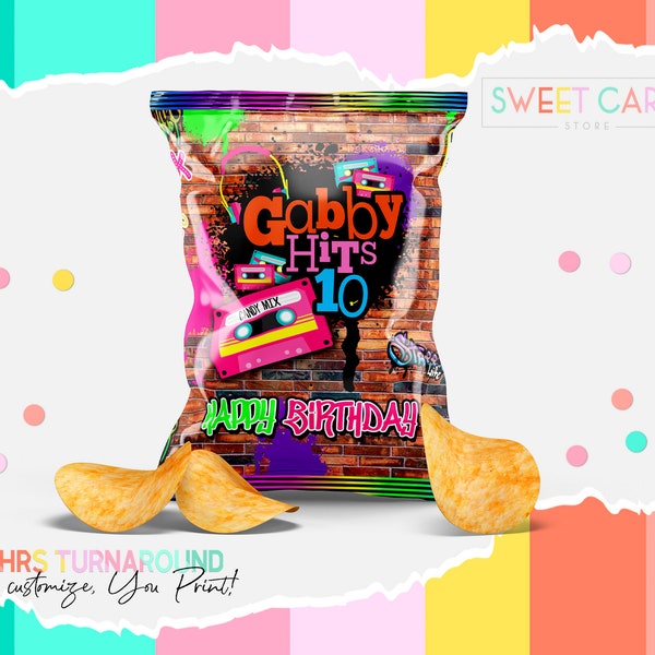 Graffiti 80s 90s retro printable chip bag, urban retro 80s chip bag wrapper, graffiti birthday party chips template, retro 90s 80s wrapper