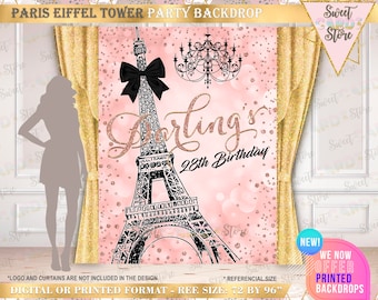 Paris Eiffel Tower Backdrop, Eiffel Tower rose gold backdrop, Eiffel tower paris banner, Eiffel Tower parisian night background, Paris Party