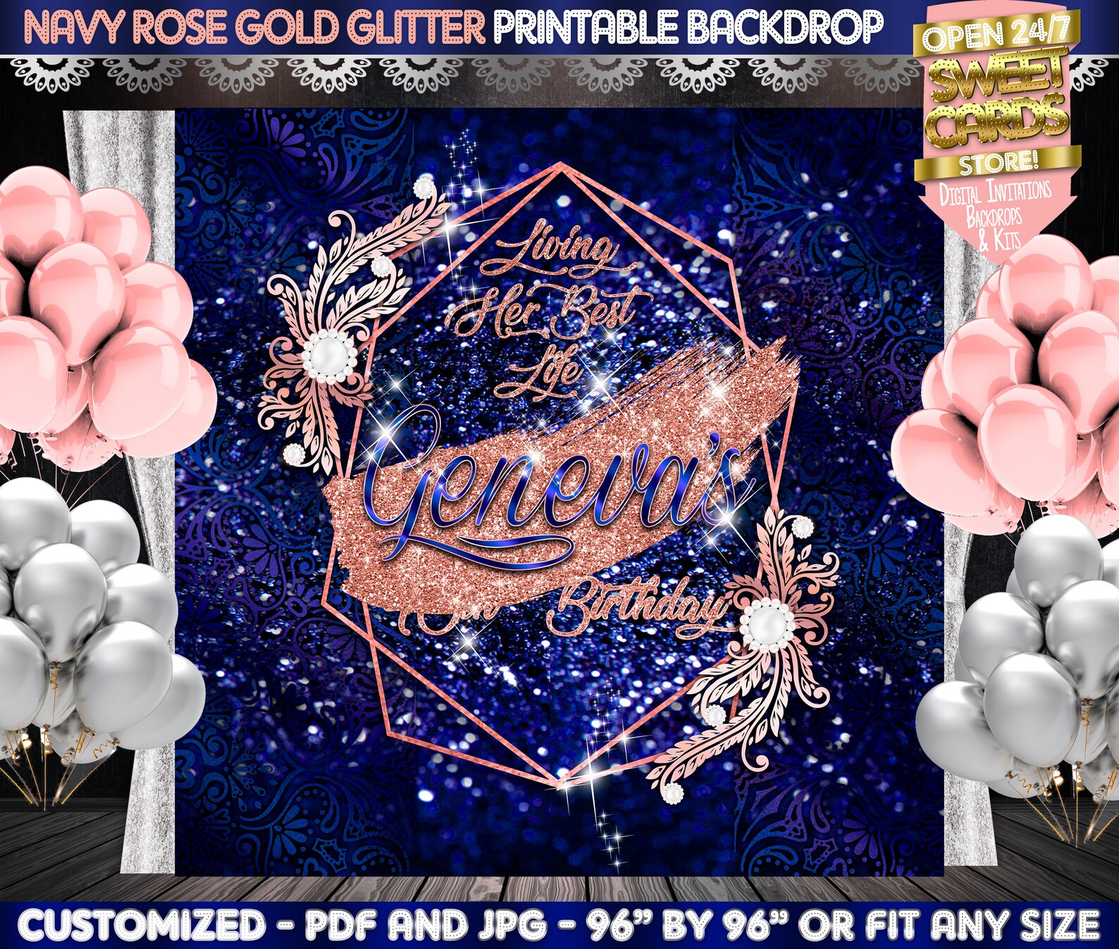 Navy and Rose Gold Glitter Printable Backdrop Navy and Rose - Etsy