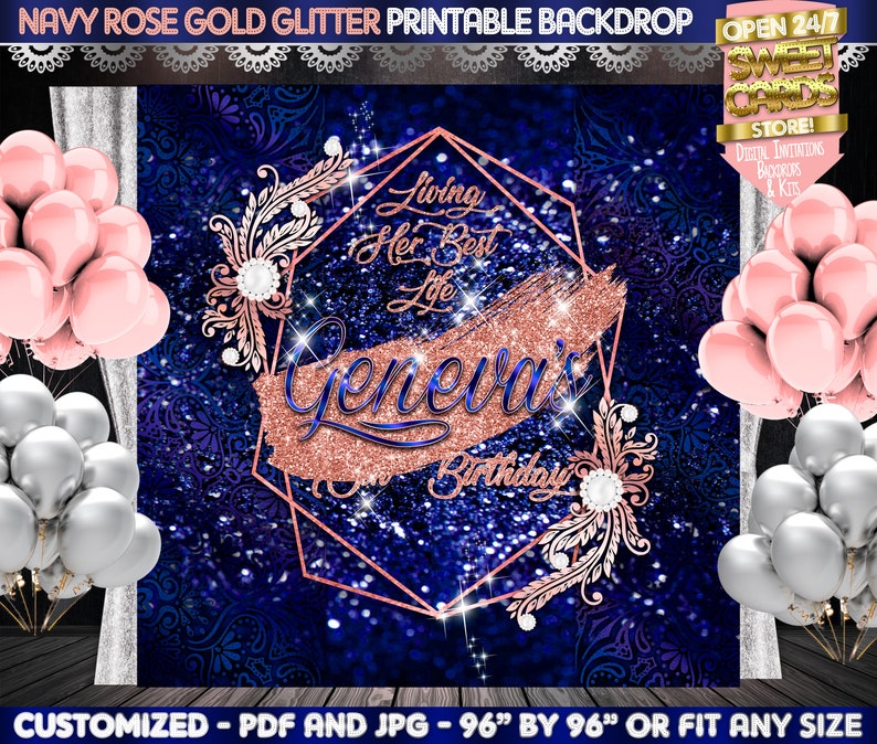 Navy and Rose Gold Glitter Printable Backdrop Navy and Rose Etsy