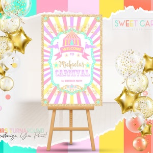 CARNIVAL WELCOME SIGN, Carnival circus birthday printable welcome sign, Carnival fair Poster board sign, Pink Carnival party decor sign