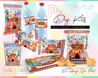 CIRCUS PARTY PACKAGE, Circus Party Printable candy package, Carnival candy wrappers, circus favor labels, Circus rice treats circus wrappers