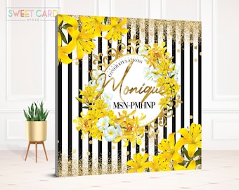 Stripes and floral yellow backdrop, floral backdrop, stripes floral birthday backdrop, gold yellow floral stripes birthday backdrop, glitter