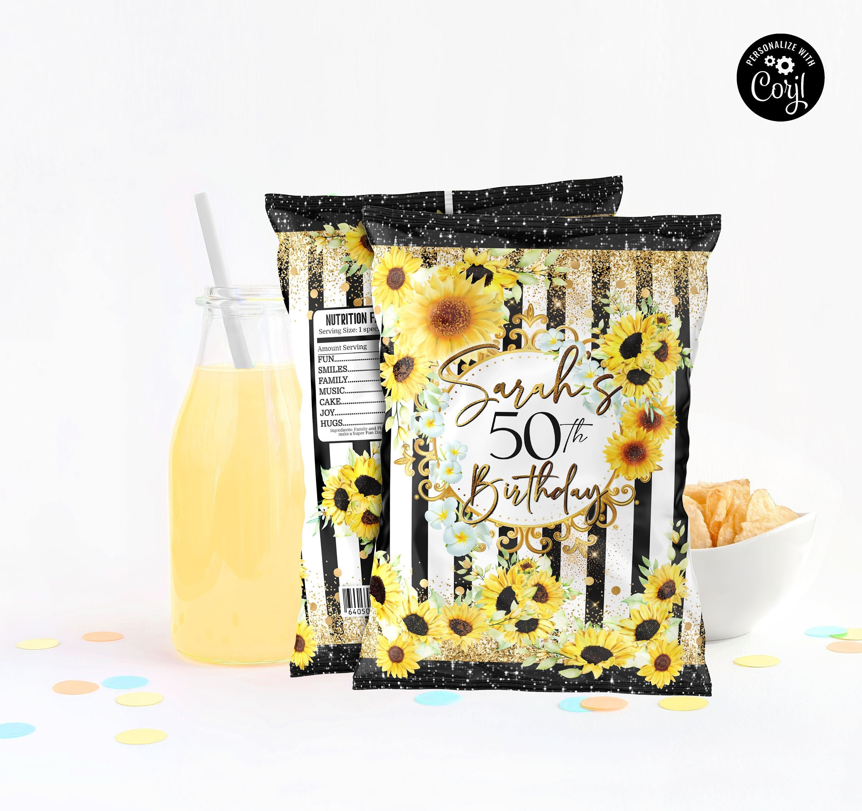SUNFLOWERS CHIP BAG, Floral glitter editable template chip bag, Sunflowers 50th birthday party decor, Floral stripes party favors chip bag