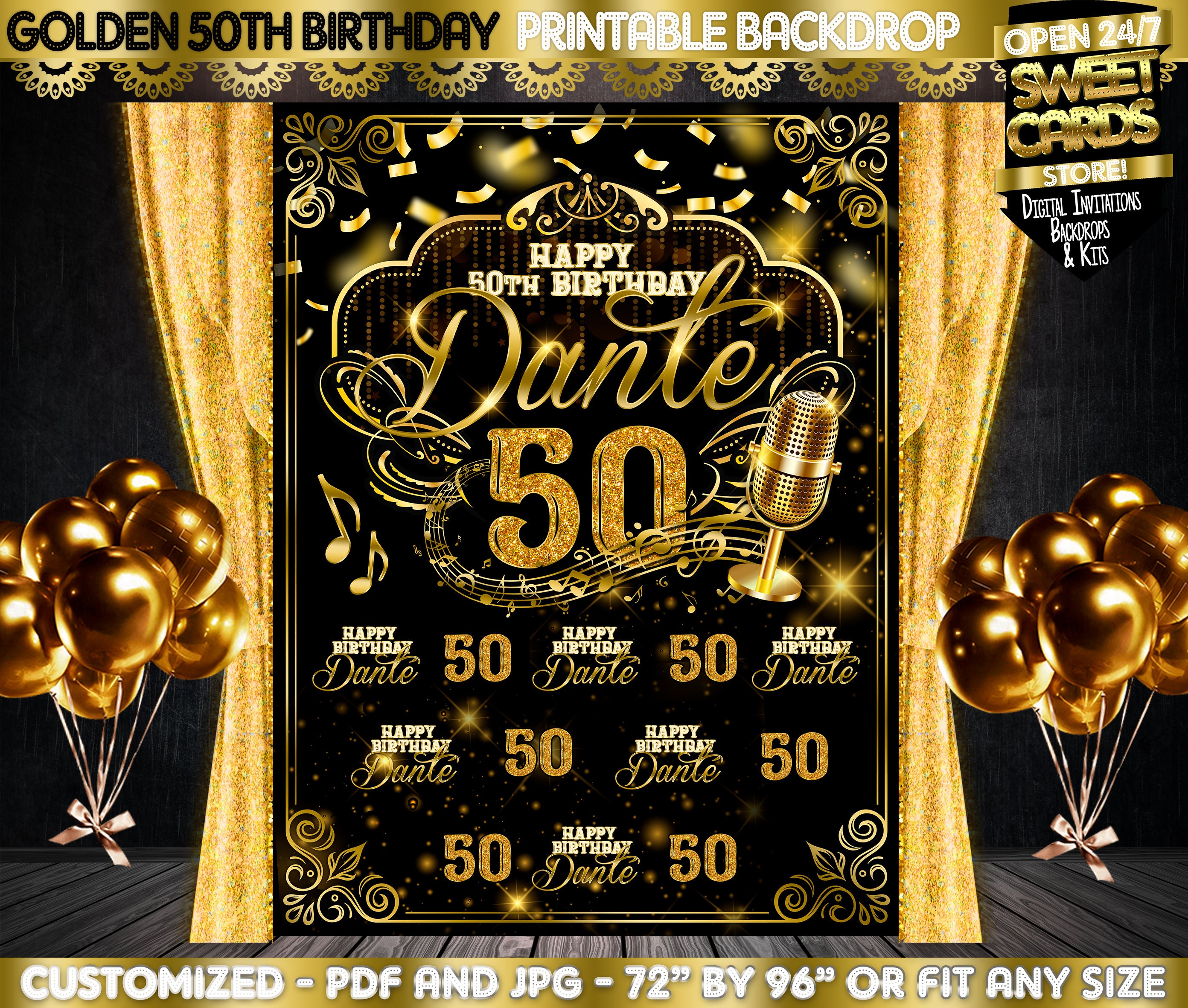 5oth Birthday Printable Party Backdrop Fifty Birthday Party Etsy
