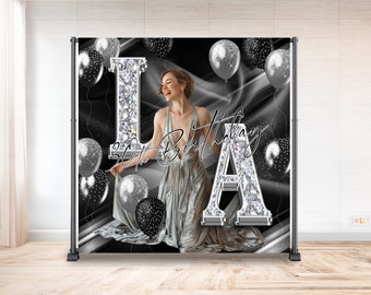 Custom backdrop balloons Prom Black silver Backdrop Prom Elegant Backdrop woman birthday Backdrop Prom 2024 Party Backdrop balloons diamond