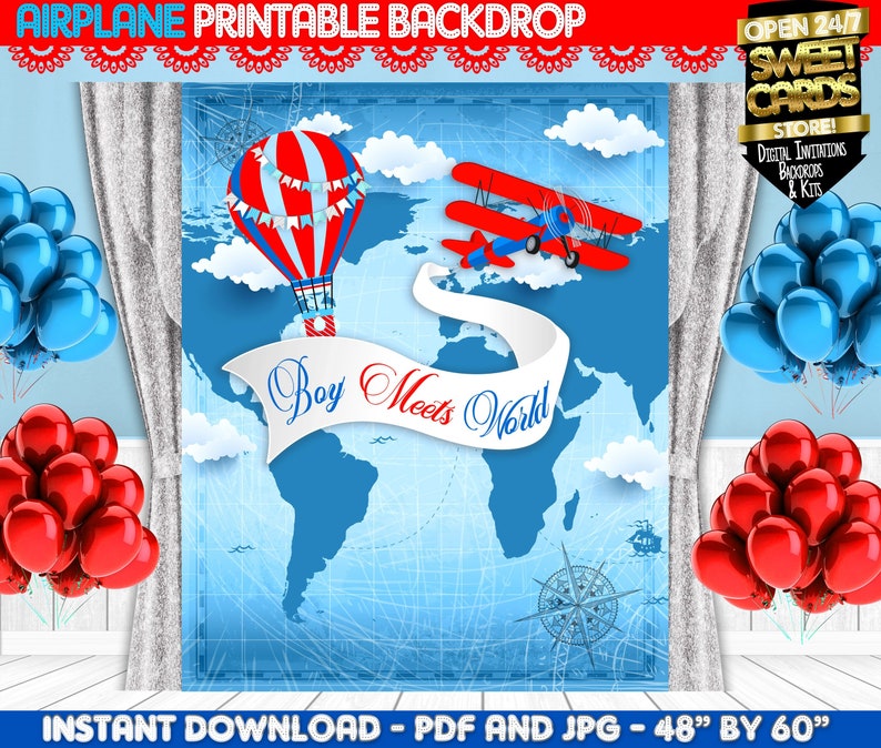 Download Backdrops Props Travel Boy Backdrop Boy Meets World Printable Backdrop Hot Air Balloon Backdrop Airplane Boy Backdrop Airlines Baby Shower Backdrop Party Decor