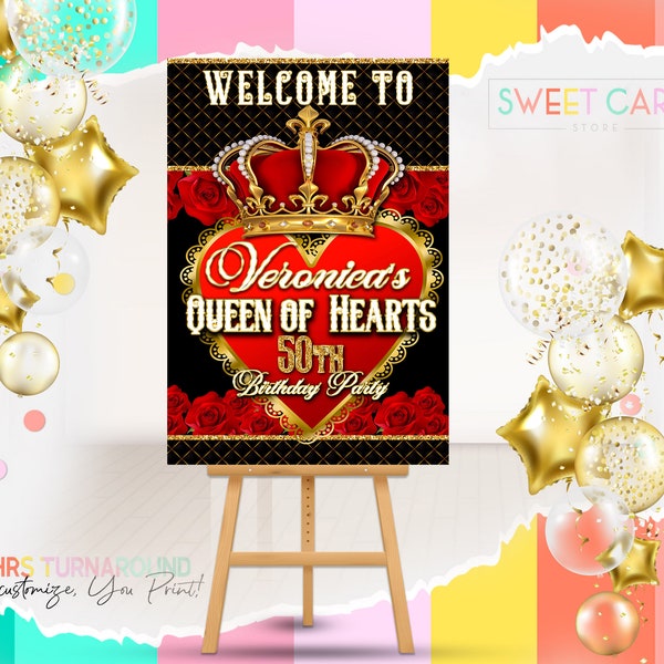 QUEEN WELCOME SIGN, Queen of Hearts birthday printable welcome sign, Roses Crown party Poster board, Queen of Hearts party welcome board