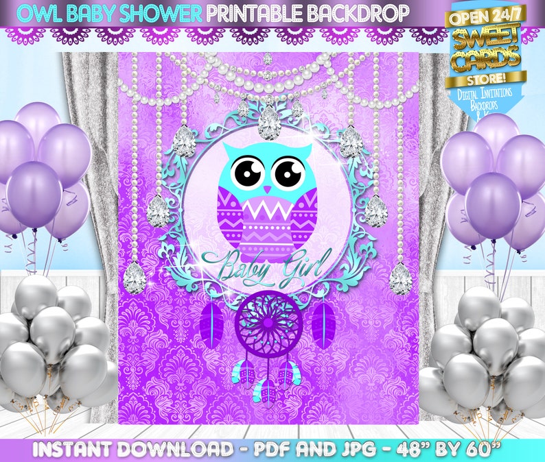 Owl Girl Baby Shower Printable Backdrop Owl Baby Shower Boho Etsy