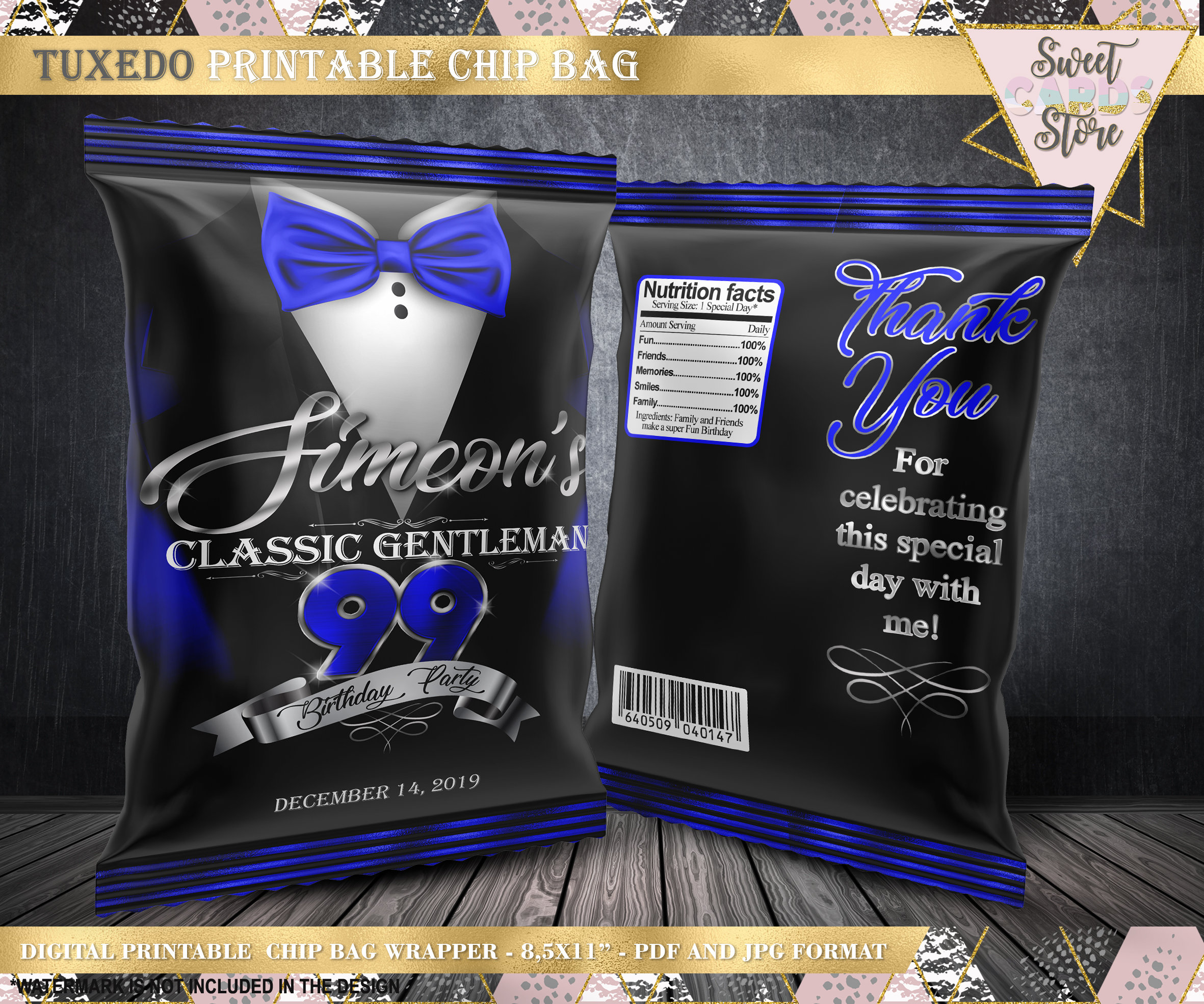 Editable Blue & Silver Dot Chip Bag Template Paper & Party Supplies