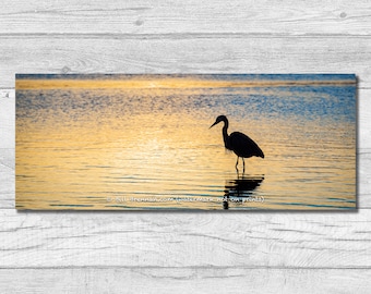 Egret Silhouette Panorama Canvas Wrap Photograph Art Print Photo Designer Decor Seashore Bird Coast Coastal Morro Bay Seabird Wetlands Ocean