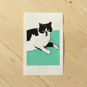 Felix linocut print, felix the cat illustration, handprinted cat art print , cat lover gift