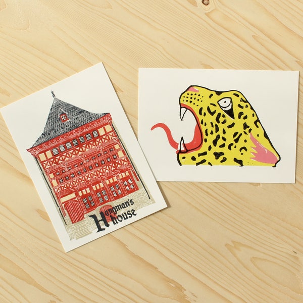 Carte postale Maison du bourreau - Jaguar, papeterie carte postale animal, illustration jaguar, linogravure maison à colombage