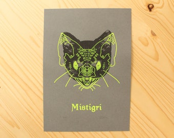 Mistigri screen print, black cat poster, neon bat face, halloween gift