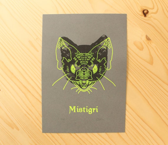 Mistigri Serigraphie Tete De Chat Noir Chauve Souris Fluo Etsy