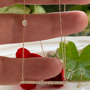 Diamond Bar Bezel Necklace Pendant in 14k Yellow Gold.