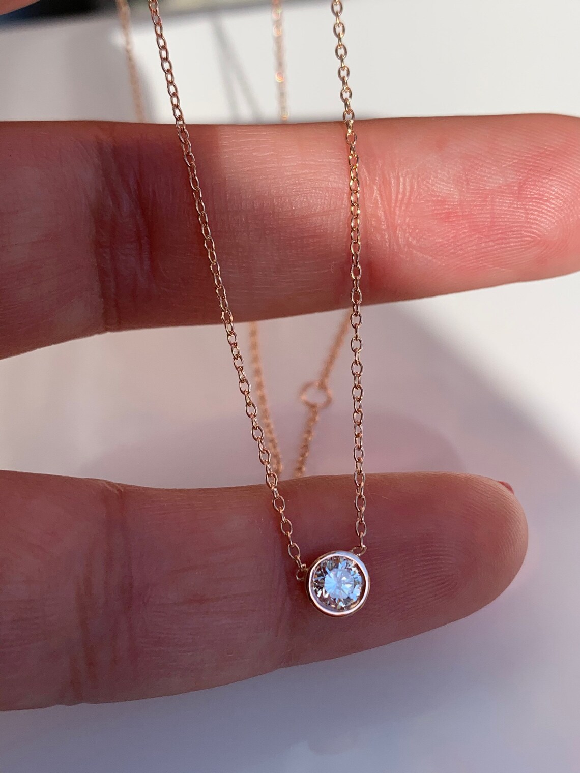 0.20CT Diamond Bezel Necklace in 14k Rose Gold Etsy