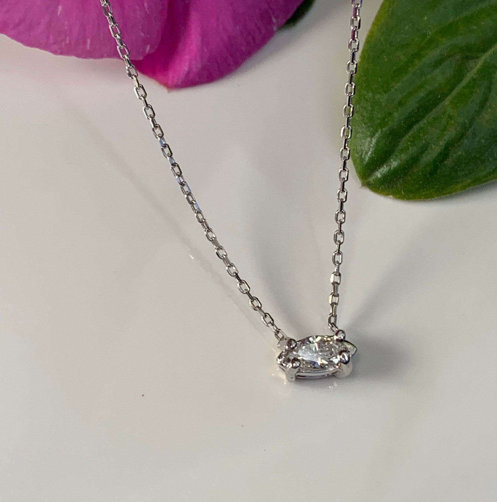 East West Marquise Solitaire Diamond Necklace in 14k White - Etsy