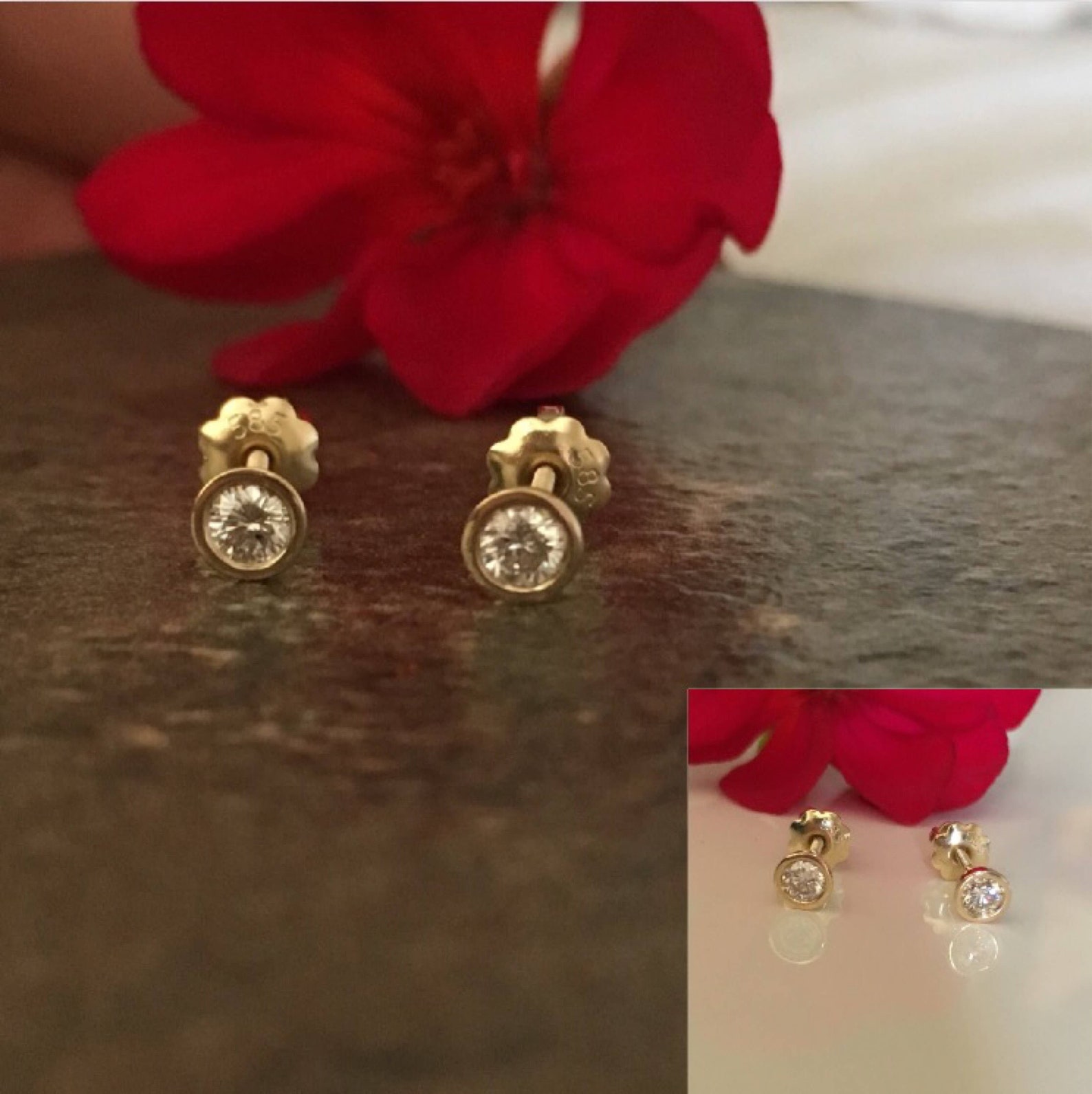 Diamond Bezel Set Stud Earrings in 14k Yellow Gold - Etsy