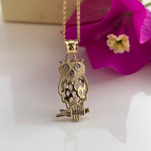 14k Yellow Gold Owl Pendant Necklace