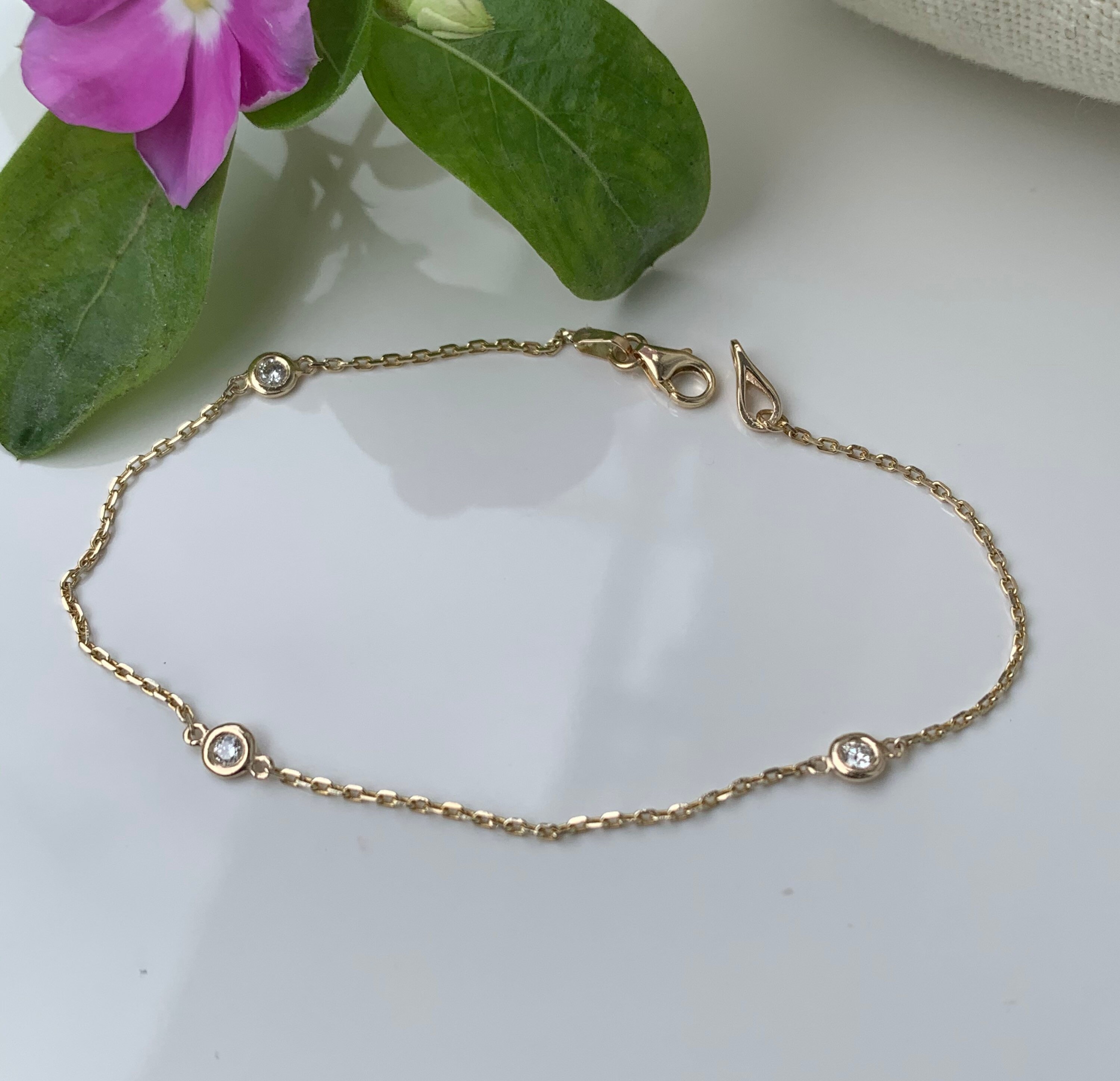 Small Diamond Station Bracelet in 14k Yellow Gold Etsy