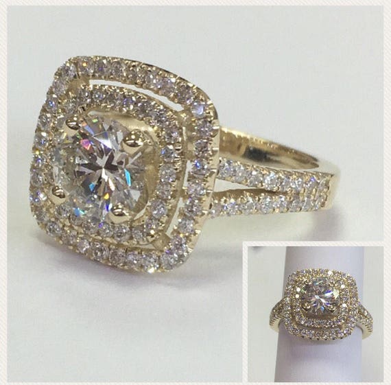 14k Yellow Gold Semi Mount Cushion Cut Double Halo Engagement Etsy