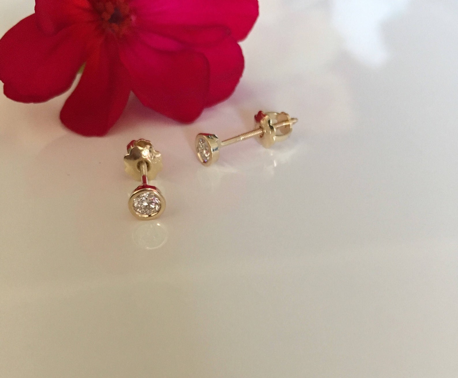 Diamond Bezel Set Stud Earrings in 14k Yellow Gold Etsy