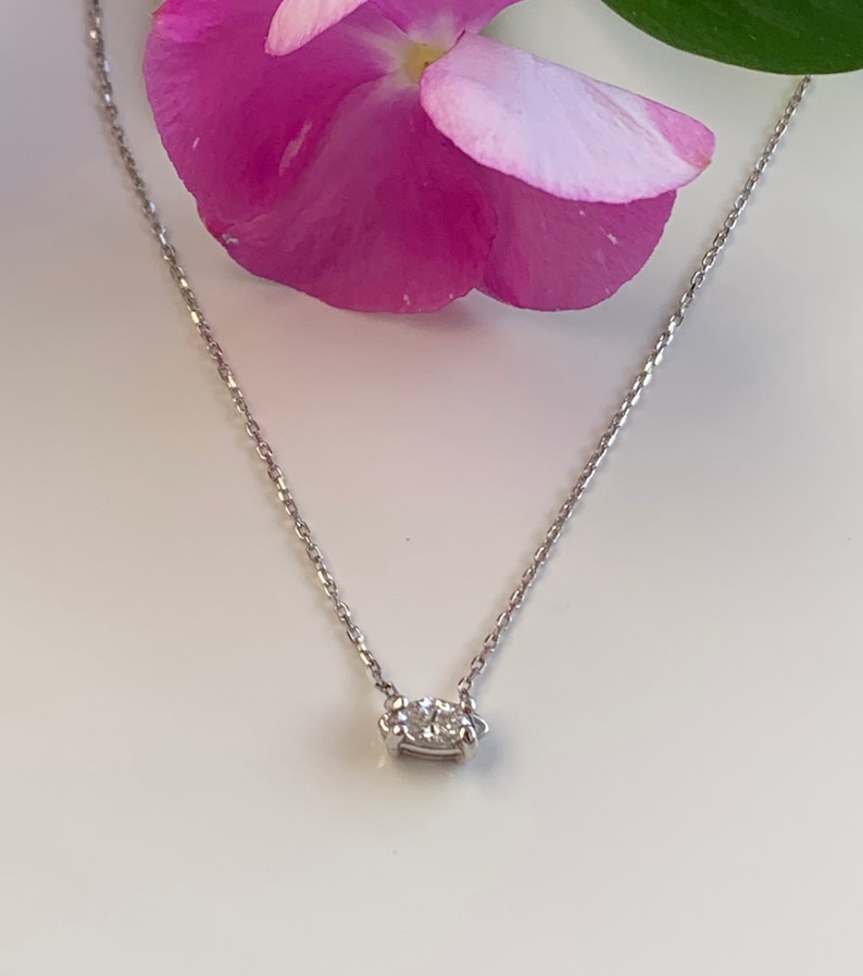 East west Marquise Solitaire Diamond Necklace in 14k White Gold