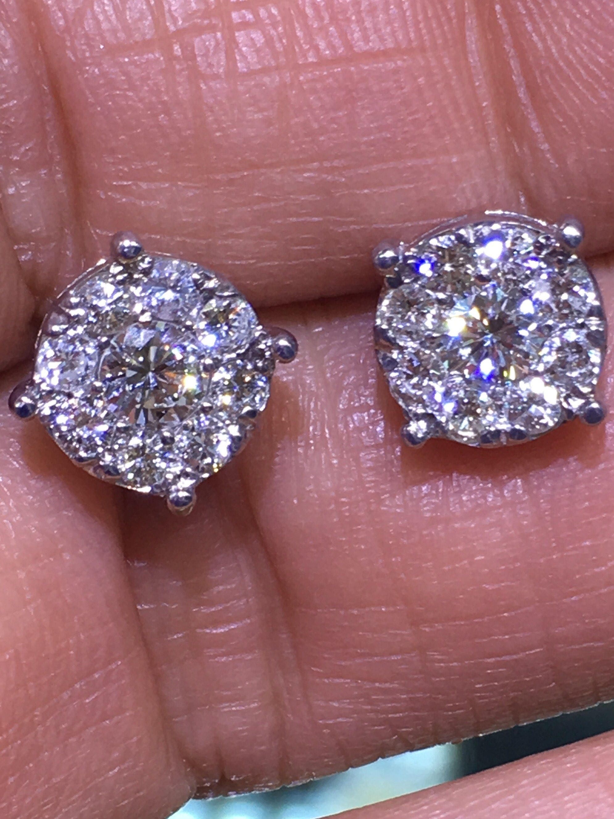Halo diamond earring in 14k white gold | Etsy