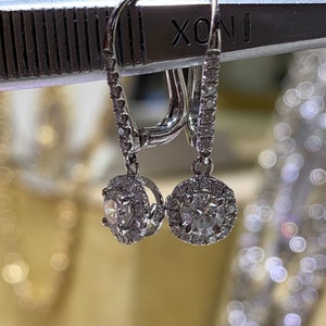 14k White Gold Halo Dangle Diamond Earrings