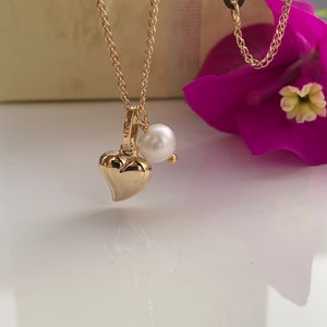 Perle Herz Anhänger Halskette in 14 k Gelbgold