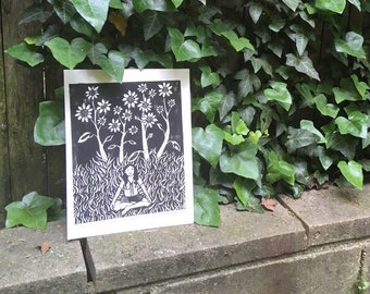 Garden Self-Portrait 9x12 linocut mulberry paper