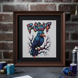 May include: Framed cross-stitch art featuring a blue crow perched on a branch, with the text "F-CAW-F" above. The artwork is in a dark wooden frame. A tag reads "Handmade. Dark. Edgy."
