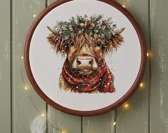 Snowy highland cow cross stitch pattern pdf