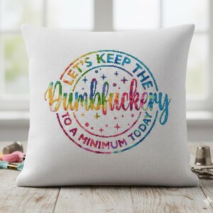 以下が含まれることがあります： 「LET'S KEEP THE Dumbfuckery TO A MINIMUM TODAY」のテキストが虹色のタイダイデザインで施された白い正方形のクッション。クッションは木製の表面に置かれています。