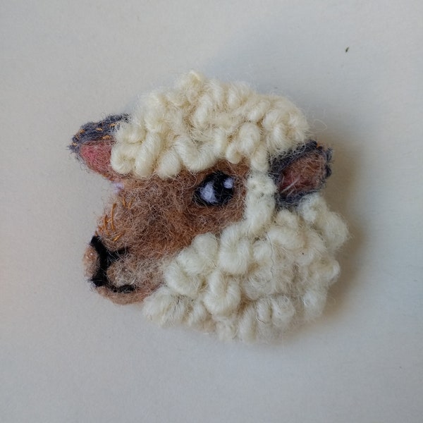 Sheep head needle felted brooch