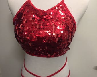 Queen of Hearts Multiple-Way Sequin Top | Red Sequins | Halter Top | crop top | Sheer Top | See Through Top |