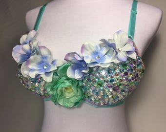 Eleanor | 32B bra, 34A bra, Rave bra, festival bra, decorated bra, jewel bra, flower bra | Ready to ship, premade