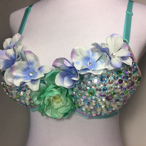 Eleanor | 32B bra, 34A bra, Rave bra, festival bra, decorated bra, jewel bra, flower bra | Ready to ship, premade