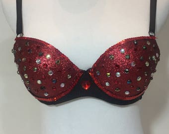 READY TO SHIP Red Queen | 32B Rave bra, 32B bra, festival bra, decorated bra, rhinestone bra, costume bra, glitter | Ready to ship, premade