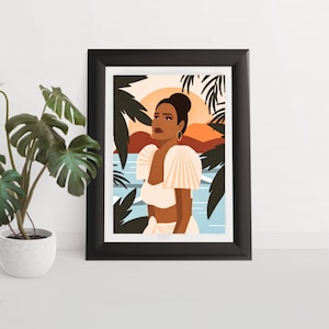 May include: A digital illustration of a woman with brown skin standing in front of a body of water. She is wearing a white top with ruffles and has a tropical background with palm trees and a sunset.