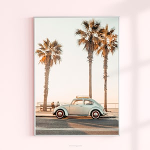 May include: A framed print featuring a vintage light blue car parked on a coastal road with palm trees. The car has red-rimmed tires and a luggage rack. The scene is bathed in warm sunlight.