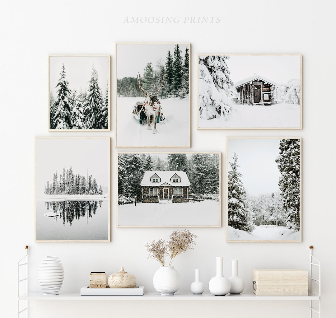 SET OF 6 Printable Winter Wall Decor Reindeer Log Cabin Snowy Forest ...