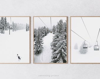 SET OF 3 Skier and Mountain Ski Lift Wall Decor Instant Download Winter Skiing Snowy Nature Digital Download Christmas Mood Minimalist Art