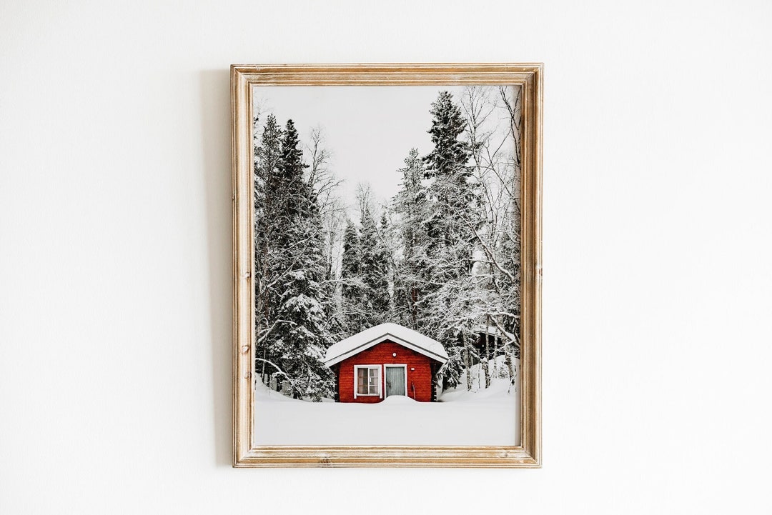 Red Cabin Art Print Wall Decor Instant Digital Download Scandinavian ...