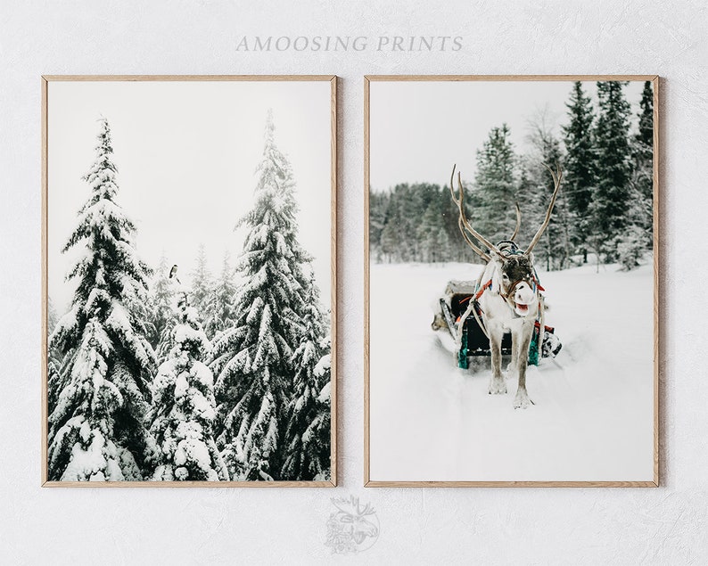 SET OF 6 Printable Winter Wall Decor Reindeer Log Cabin Snowy Forest ...